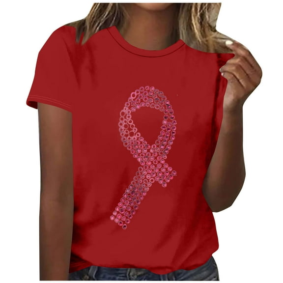 Kilaqueen Breast Cancer Shirts for Women Casual Short Sleeve Pink Ribbon Printed Awareness Tops Survivor Faith Inspirational Tee