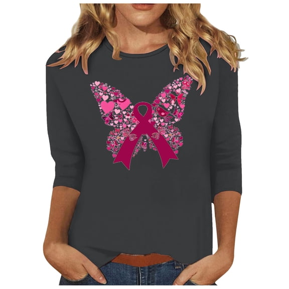 Kilaqueen Breast Cancer Survivor Shirt for Women Casual 3/4 Sleeve Lightweight Round Neck Tunic Tops Pink Ribbon Butterfly Graphic Print Blouses Fight Breast Cancer Inspirational Blouse