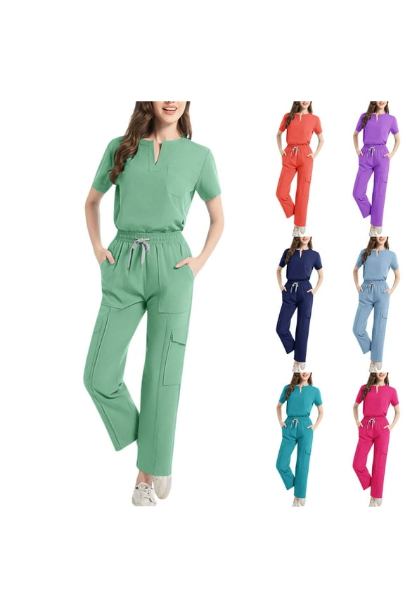 Breathable Scrubs for Women Set Soft 2 Piece Medical Uniform with V-Neck Top and Jogger Scrub Pants Quick Dry Short Sleeve Outfit Sets