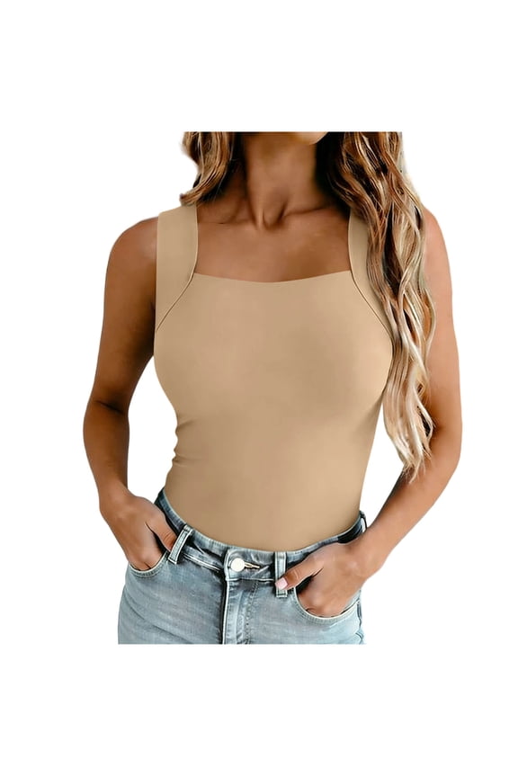 Built in Bra Tank Tops for Women Seamless Wide Strap Tank Top Tummy Control Athletic Workout Shirt Summer Square Neck Sleeveless Slim Fit Basic Layer Tee Shirts