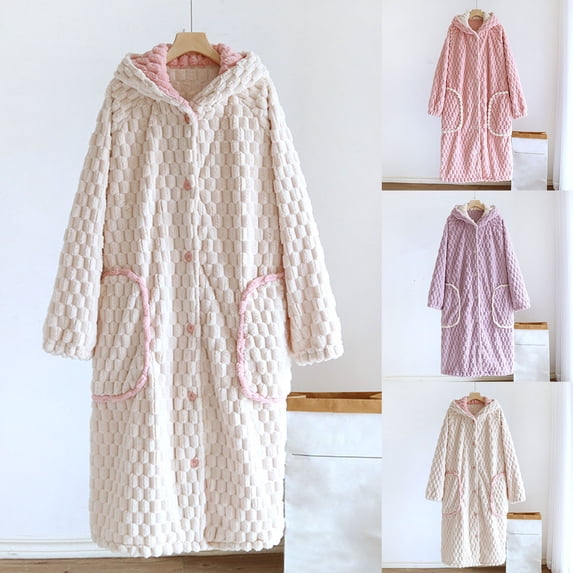 Kilaqueen Button Down Robes for Women Soft Fluffy Robe Long Plush Soft Bathrobe Shawl Collar Sleepwear with Pockets Jacquard Color Block Nightgown