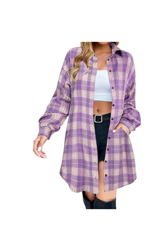 Button Down Shirts for Women Buffalo Plaid Long Sleeve Lapel Long Shirt Jacket Casual Lightweight Business Trendy Tops