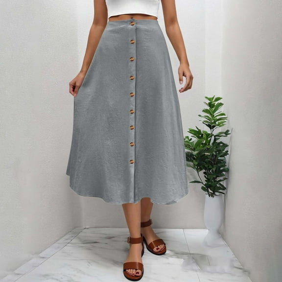 Kilaqueen Button Front Skirts for Women Flared Flowy A Line Midi Skirt Casual High Waist Solid Color Summer Cotton Linen Skirts