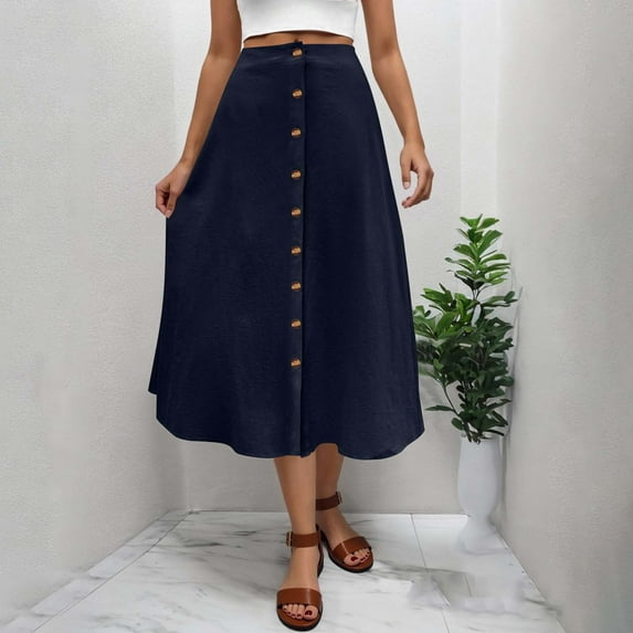 Kilaqueen Button Front Skirts for Women Flared Flowy A Line Midi Skirt Casual High Waist Solid Color Summer Cotton Linen Skirts