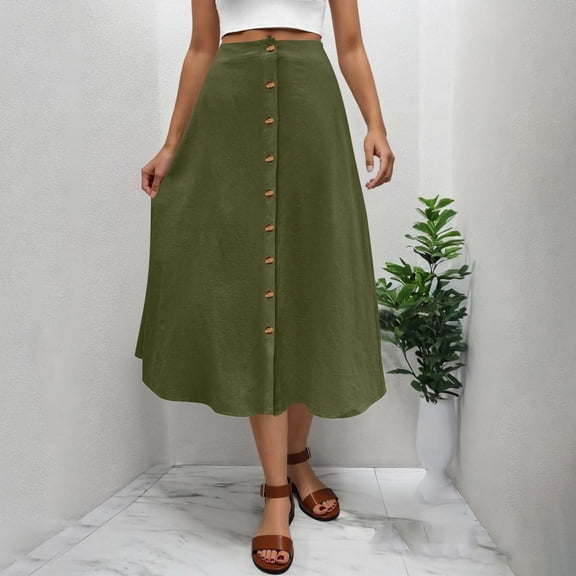 Kilaqueen Button Front Skirts for Women Flared Flowy A Line Midi Skirt Casual High Waist Solid Color Summer Cotton Linen Skirts