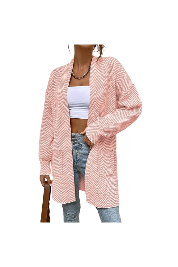 Cardigan Sweaters for Women Chunky Knit Striped Open Front Cardigans Chevron Baggy Loose Warm Knitted Long Sleeve Casual Sweater Duster Cardigan with Pockets