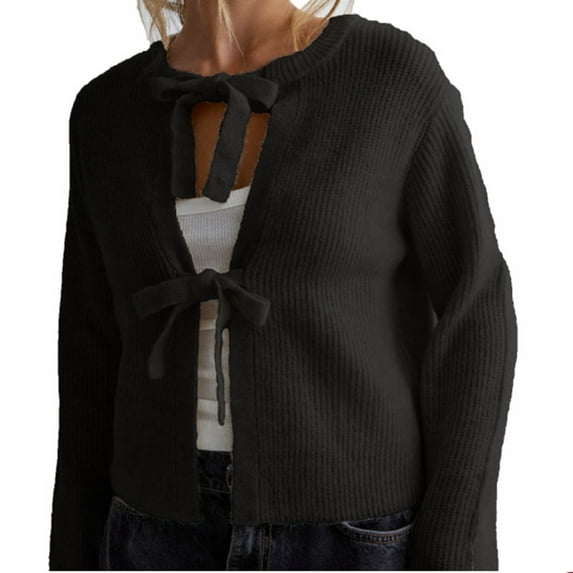 Kilaqueen Cardigan Sweaters for Women Bow Tie Front Long Sleeve Cropped Knit Cardigan Casual 2025 Fall Trendy Clothing Coats