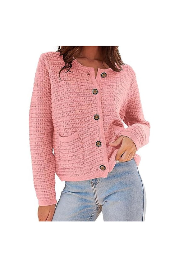 Cardigan Sweaters for Women Button Down Crew Neck Long Sleeve Knit Cardigan Sweaters with Pockets 2025 Fall Winter Trendy Casual Clothes