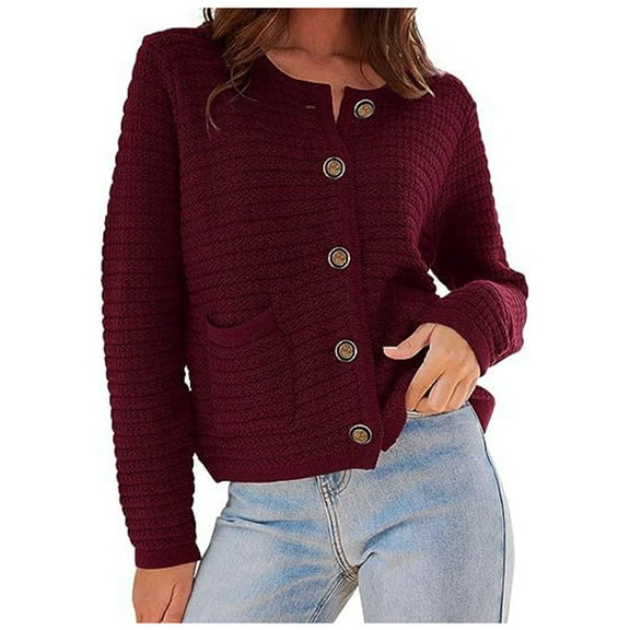 Kilaqueen Cardigan Sweaters for Women Button Down Crew Neck Long Sleeve Knit Cardigan Sweaters with Pockets 2025 Fall Winter Trendy Casual Clothes