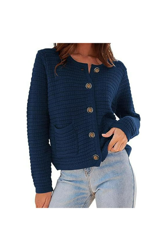Cardigan Sweaters for Women Button Down Crew Neck Long Sleeve Knit Cardigan Sweaters with Pockets 2025 Fall Winter Trendy Casual Clothes