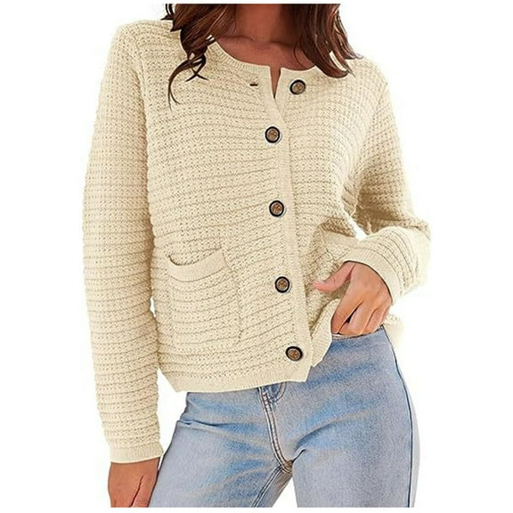 Kilaqueen Cardigan Sweaters for Women Button Down Crew Neck Long Sleeve Knit Cardigan Sweaters with Pockets 2025 Fall Winter Trendy Casual Clothes