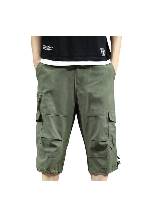 Cargo Pants for Men Cotton Ripstop Straight Leg Below Knee Capri Pants with Pockets Solid Color Trendy Hiking Daily Pants with Belt