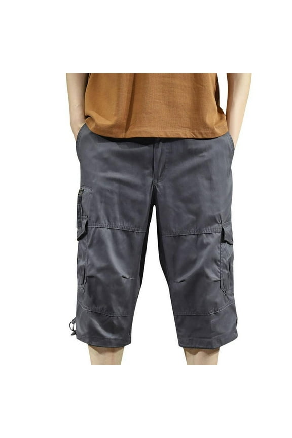 Cargo Pants for Men Cotton Ripstop Straight Leg Below Knee Capri Pants with Pockets Solid Color Trendy Hiking Daily Pants with Belt