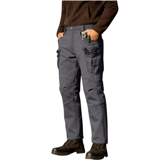Kilaqueen Cargo Pants for Men Fleece-Lined Snow Ski Hiking Pants with Multi-Pockets Casual Trendy Solid Color Long Outdoor Pants