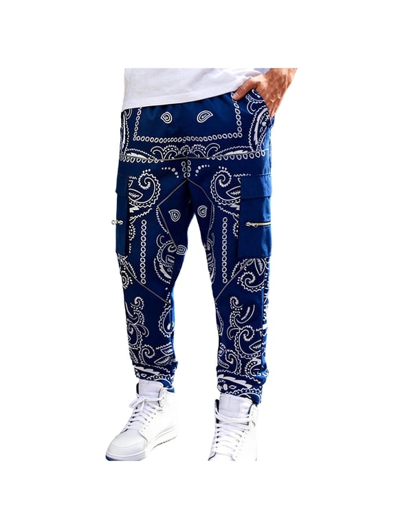 Cargo Pants for Men Paisley Print Elastic Waist Zipper Multi-Pocket Sweatpants Casual Trendy Workout Punk Techwear Streetwear Pants