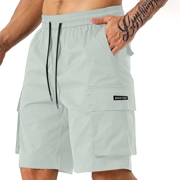 Kilaqueen Cargo Shorts for Men Quick Dry Classic Drawstring Elastic Waist Work Short with Multi Pockets Solid Color Casual Trendy Beach Vacation Shorts