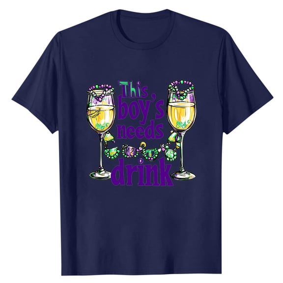 Kilaqueen Carnival Mens Shirts "This Boy's Needs Drink" Print Crew Neck Short Sleeve Pullover Tops Casual Trendy Relaxed Fit Holiday Vacation Tees