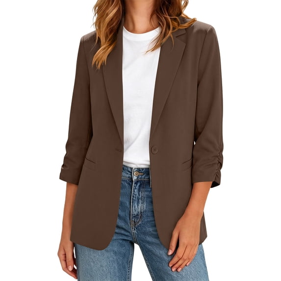 Kilaqueen Casual Blazers for Women Ruched 3/4 Sleeve Notch Lapel Open Front Blazer Lightweight Business Casual Office Work Suit Jacket with Pockets Teachers Coat