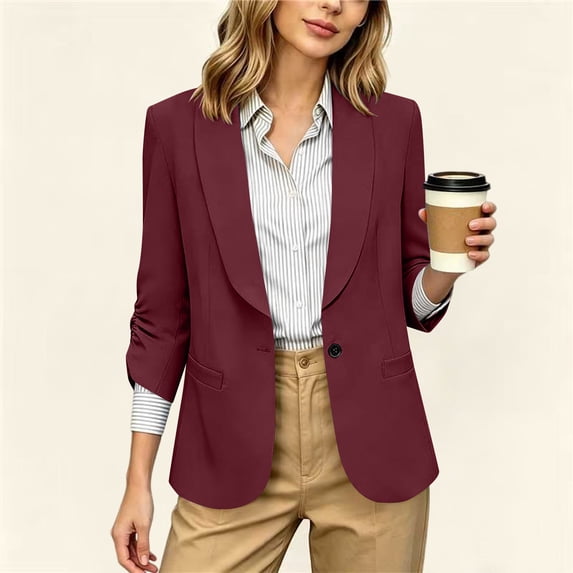 Kilaqueen Casual Blazers for Women Single Button Open Front Slim Fit Dressy Blazer Ruched 3/4 Sleeve Shawl Collar Work Office Lightweight Suit Jacket with Pockets