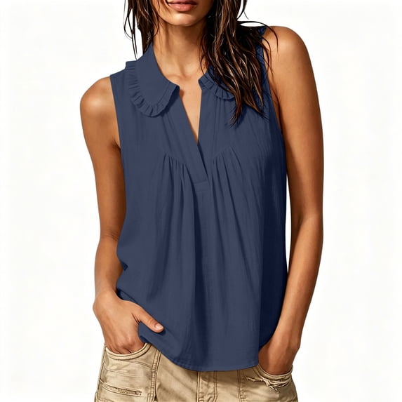 Kilaqueen Casual Sleeveless Tank Tops for Women, Ruffle Peter Pan Collar Pleated V Neck Flowy Lightweight Solid Boho Blouse Shirts