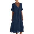 thumbnail image 1 of Kilaqueen Casual Summer Midi Dress for Women, Cotton Linen Short Sleeve V Neck Loose A Line Dress for Beach Vacation Travel and Everyday Wear, 1 of 9