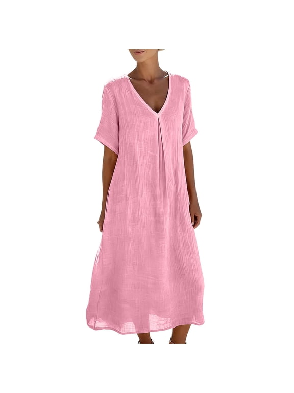 Casual Summer Midi Dress for Women, Cotton Linen Short Sleeve V Neck Loose A Line Dress for Beach Vacation Travel and Everyday Wear