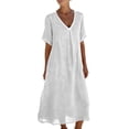 thumbnail image 1 of Kilaqueen Casual Summer Midi Dress for Women, Cotton Linen Short Sleeve V Neck Loose A Line Dress for Beach Vacation Travel and Everyday Wear, 1 of 9