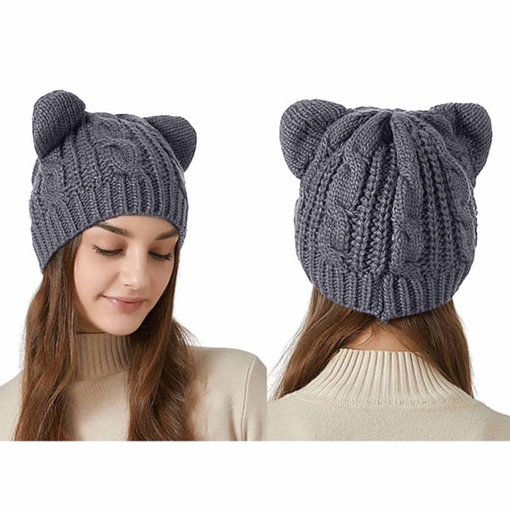 Kilaqueen Cat Ears Knit Beanie Hats for Women Teen Girls Solid Color Kawaii Cat Beanie Cap Y2k Stretchy Comfortable Winter Warm Hat