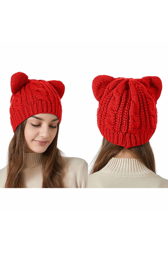 Cat Ears Knit Beanie Hats for Women Teen Girls Solid Color Kawaii Cat Beanie Cap Y2k Stretchy Comfortable Winter Warm Hat