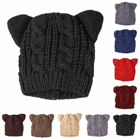 Kilaqueen Cat Ears Knit Beanie Hats for Women Teen Girls Solid Color Kawaii Cat Beanie Cap Y2k Stretchy Comfortable Winter Warm Hat