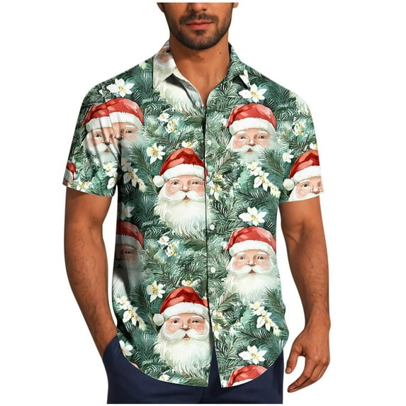 Kilaqueen Christmas Shirts for Men Xmas Printed Short Sleeves Button Down Lapel Shirt Hawaiian Summer Beach Holiday Vacations and Gifts Tees
