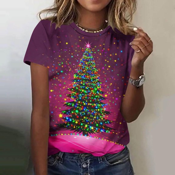 Kilaqueen Christmas Shirts for Women Plus Size Xmas Festival Shirts Cute Holiday Trendy Crewneck Short Sleeve Cute Graphic Fall Tops