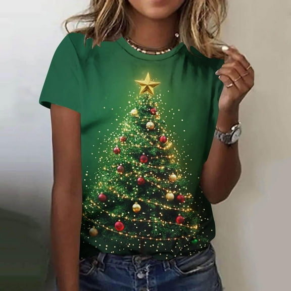 Kilaqueen Christmas Shirts for Women Plus Size Xmas Festival Shirts Cute Holiday Trendy Crewneck Short Sleeve Cute Graphic Fall Tops