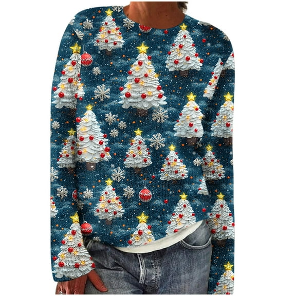 Kilaqueen Christmas Sweaters for Women Long Sleeve Crew Neck Xmas Sweater Funny Print Lightweight Winter Holiday Knitted Pullover Tops Jumper