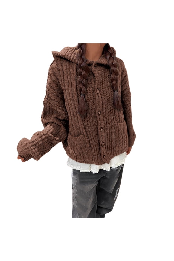 Chunky Cardigan Sweaters for Women Hooded Button Down Long Sleeve Sweater Coats with Pockets Fall Winter Warm Trendy Cardigan