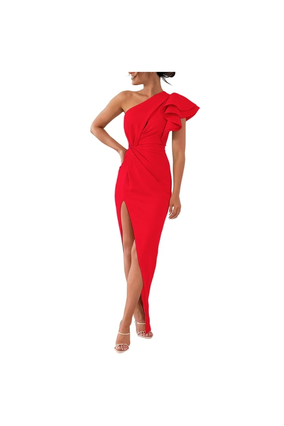 Cocktail Dresses for Women One Shoulder Ruffle Solid Color Split Midi Dress Wedding Party Formal Evening Dresses