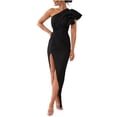 thumbnail image 1 of Kilaqueen Cocktail Dresses for Women One Shoulder Ruffle Solid Color Split Midi Dress Wedding Party Formal Evening Dresses, 1 of 9