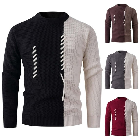 Kilaqueen Color Patchwork Mens Sweater Classic Cable Knitted Pullover Sweater Comfort Twisted Oversized Sweaters Drawstring Fall Warm Jumper Tops