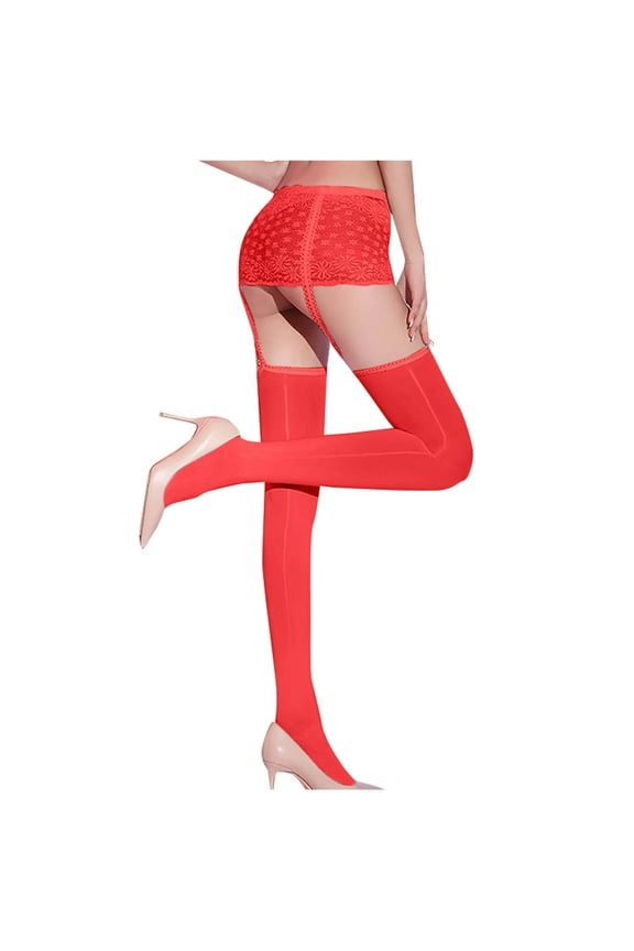 Control Top Pantyhose for Women Sexy See Through Stretchy Thigh High Stockings Sheer Garter Tights Lace Top Suspender Crotchless Pantyhose Leggings