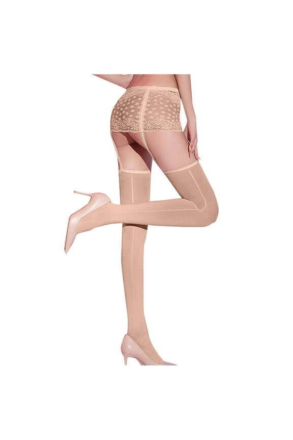 Control Top Pantyhose for Women Sexy See Through Stretchy Thigh High Stockings Sheer Garter Tights Lace Top Suspender Crotchless Pantyhose Leggings