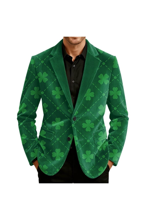 Corduroy Blazer for Men St Patricks Day Single-Breasted Notch Lapel Suit Jackets Fashion Holiday Party Work Blazers with Pockets