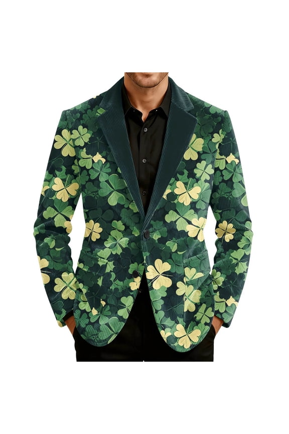Corduroy Blazer for Men St Patricks Day Single-Breasted Notch Lapel Suit Jackets Fashion Holiday Party Work Blazers with Pockets