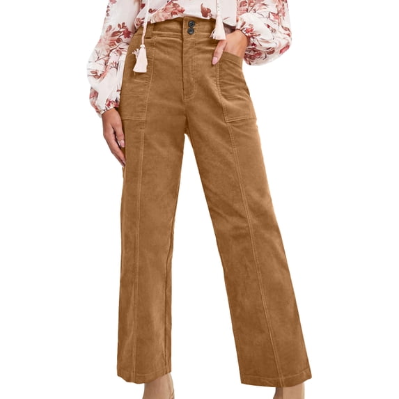 Kilaqueen Corduroy Pants for Women Straight-Leg High Waisted Button Down Pants with Pockets Casual Solid Color Work Trousers