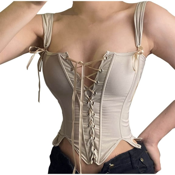 Kilaqueen Corset Tops for Women Renaissance Boned Overbust Bustier Bodice Camisole Corset Retro Court Style Lace up Stretch Slim Waist Trainer Cincher Shapewear Tops