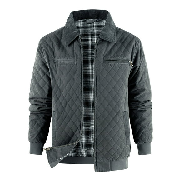 Kilaqueen Cotton Jackets for Men Quilted Zip Up Long Sleeve Lapel Coats with Pockets Solid Color Thicken Fall and Winter Warm Outerwear