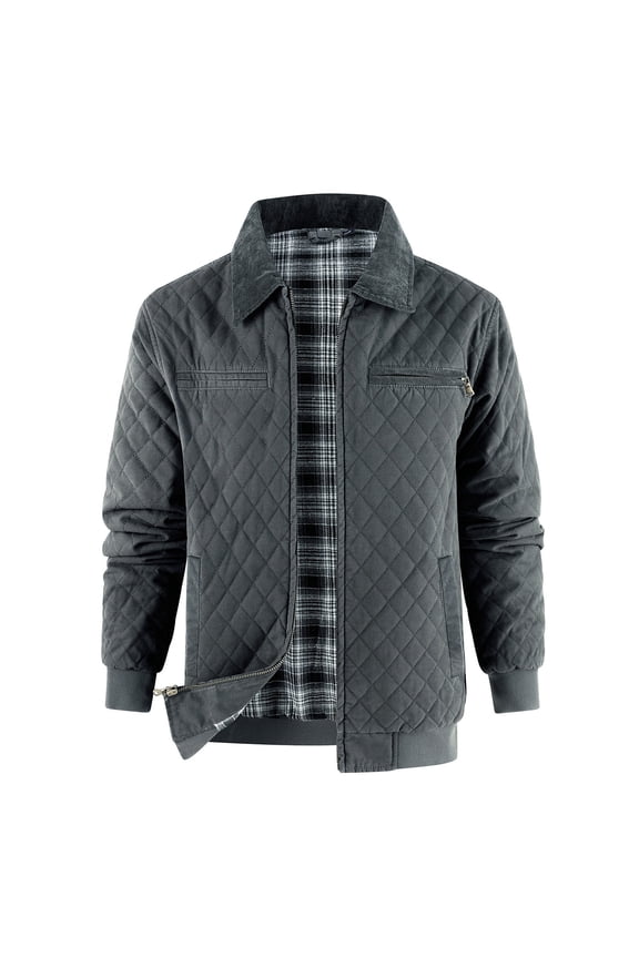 Cotton Jackets for Men Quilted Zip Up Long Sleeve Lapel Coats with Pockets Solid Color Thicken Fall and Winter Warm Outerwear