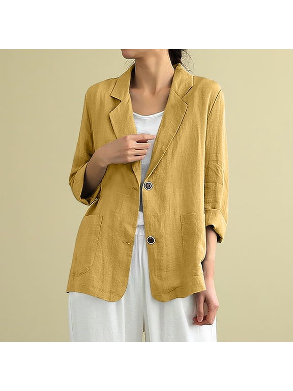 Cotton Linen Blazer for Womens Long Sleeve Loose Casual Lightweight Spring Summer Blazer Jackets Notch Lapel Business Suit with Pockets