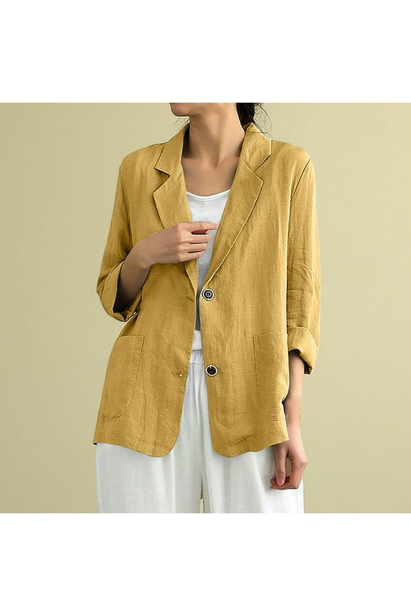 Cotton Linen Blazer for Womens Long Sleeve Loose Casual Lightweight Spring Summer Blazer Jackets Notch Lapel Business Suit with Pockets