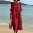 thumbnail image 1 of Kilaqueen Cotton Linen Dresses for Women, Half Sleeve Round Neck Empire Waist Loose Midi Summer Dress for Beach Vacation Brunch and Casual Daily Wear, 1 of 6