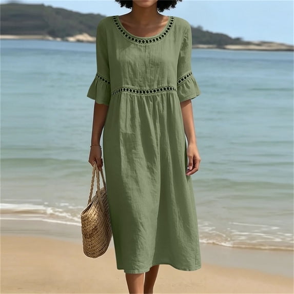 Kilaqueen Cotton Linen Dresses for Women, Half Sleeve Round Neck Empire Waist Loose Midi Summer Dress for Beach Vacation Brunch and Casual Daily Wear